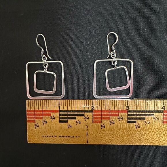 Sterling Silver Geometric Double Square Hoop Dangle Earrings - Picture 4 of 6